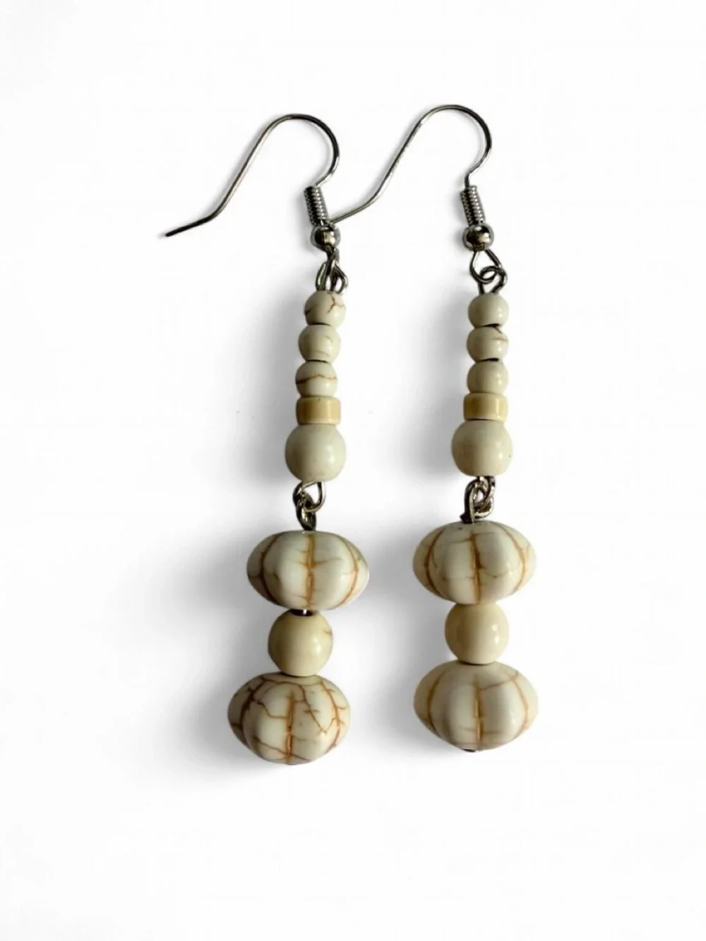 Handmade Cream Howlite Stone Beaded Long Dangle Earrings OOAK
